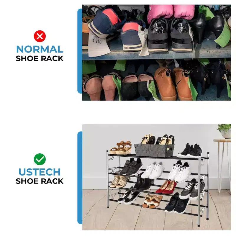 Étagère à Chaussures 4 Niveaux USTECH Argent avec Barres Noires Rugueuses