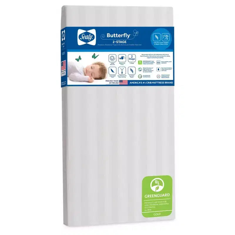 Matelas de lit de bébé et de tout-petit Sealy Butterfly 2 étapes imperméable ultra ferme : hypoallergénique, housse en vinyle, mousse haute densité