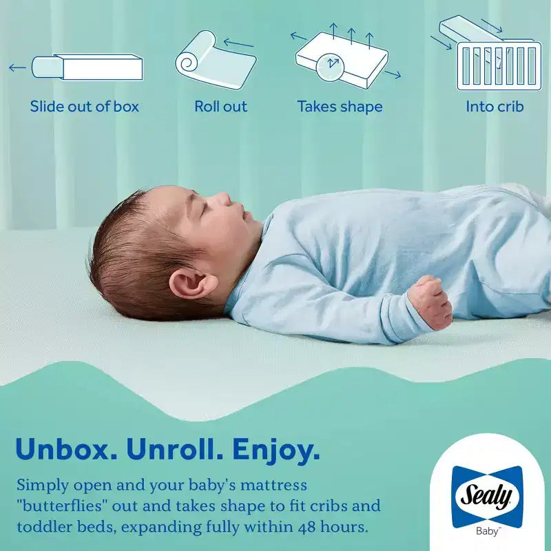 Matelas de lit de bébé et de tout-petit Sealy Butterfly 2 étapes imperméable ultra ferme : hypoallergénique, housse en vinyle, mousse haute densité