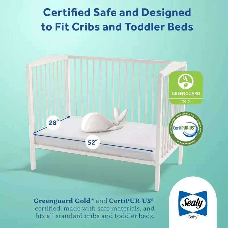 Matelas de lit de bébé et de tout-petit Sealy Butterfly 2 étapes imperméable ultra ferme : hypoallergénique, housse en vinyle, mousse haute densité