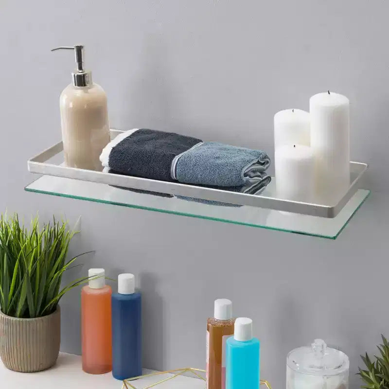Danya B. Étagère murale de salle de bain flottante 19,75 po en verre chromé : Verre trempé, finition brillante, quincaillerie de montage incluse