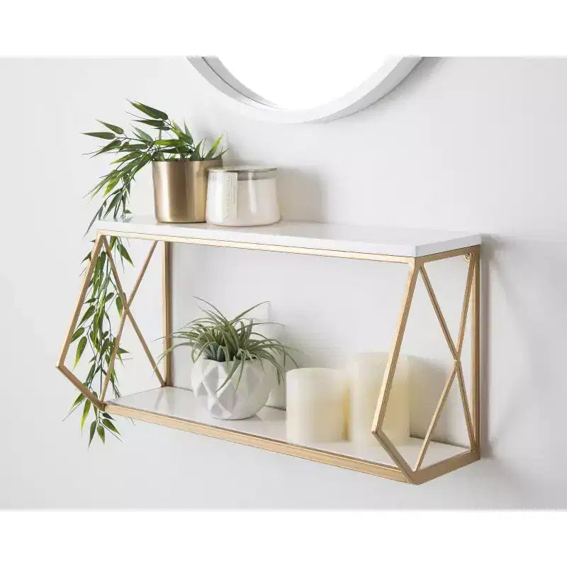 Étagère murale décorative Brost bois/métal blanc/or 21 po x 11 po – Kate & Laurel All Things Decor : Rangement moderne à 2 niveaux