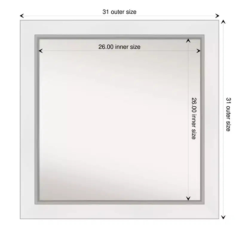 Miroir carré encadré argenté blanc Eva 32" x 32" pour salle de bain - Amanti Art : Quincaillerie de montage incluse, cadre en polystyrène