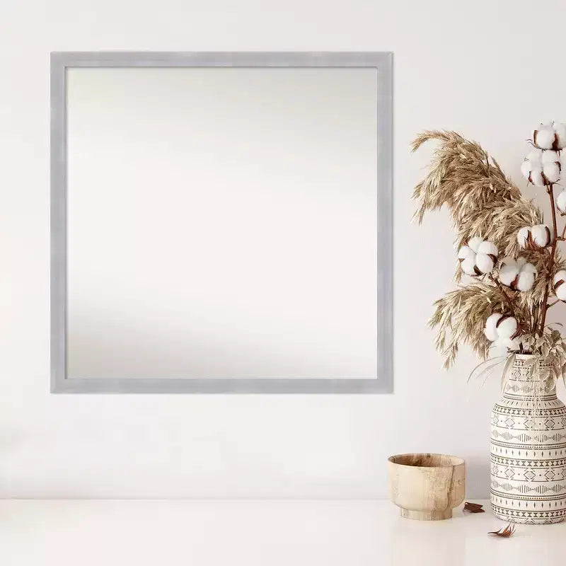 Miroir mural étroit Grace non biseauté 28 po x 28 po en nickel brossé - Amanti Art : Carré moderne, quincaillerie de montage incluse