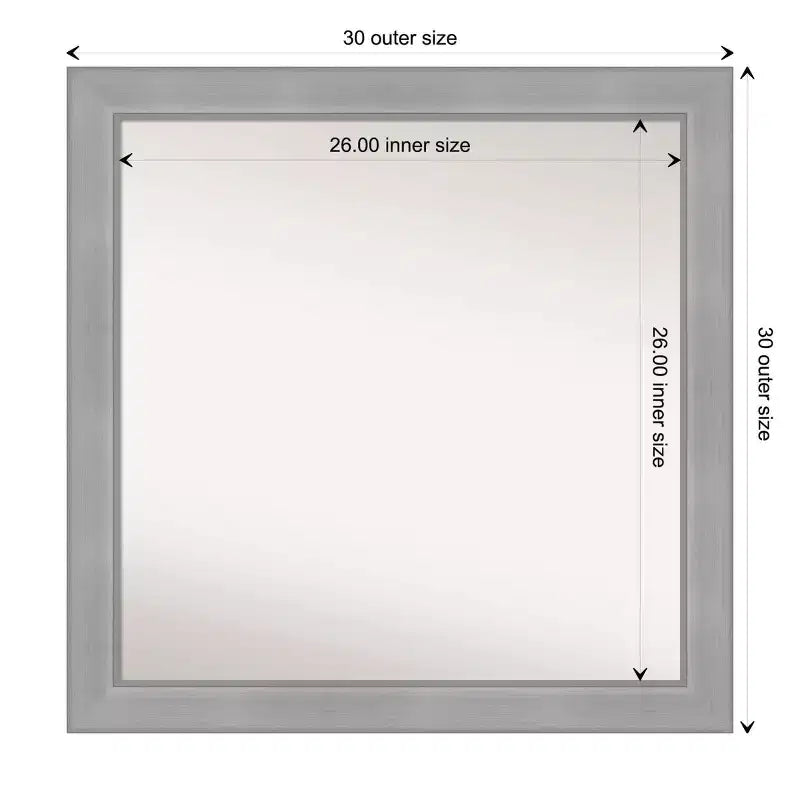 Miroir mural de salle de bain Vista non biseauté 30" x 30" en nickel brossé - Amanti Art : Cadre carré moderne en polystyrène, à fixer au mur