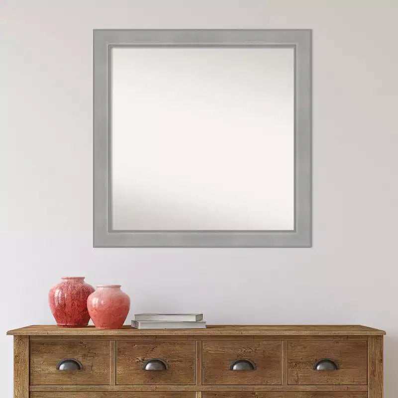 Miroir mural de salle de bain Vista non biseauté 30" x 30" en nickel brossé - Amanti Art : Cadre carré moderne en polystyrène, à fixer au mur