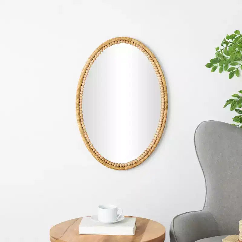 Miroir mural enveloppé de bambou 28"x20" avec cadre perlé marron - Olivia & May : style rustique, fixation murale, aucun assemblage requis