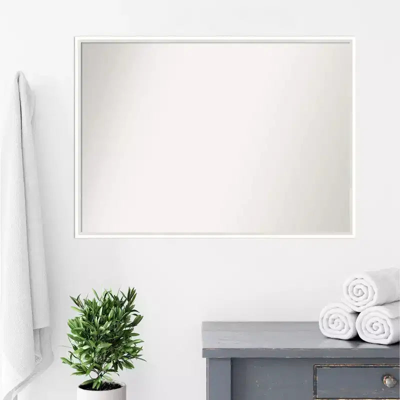 39" x 28" Non-Beveled Lucie Wood Bathroom Wall Mirror White - Amanti Art: Modern Rectangular Vanity Mirror with Wood Frame