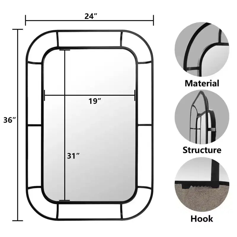 Miroir profond WallBeyond 24"x36" en fer avec coins incurvés noir