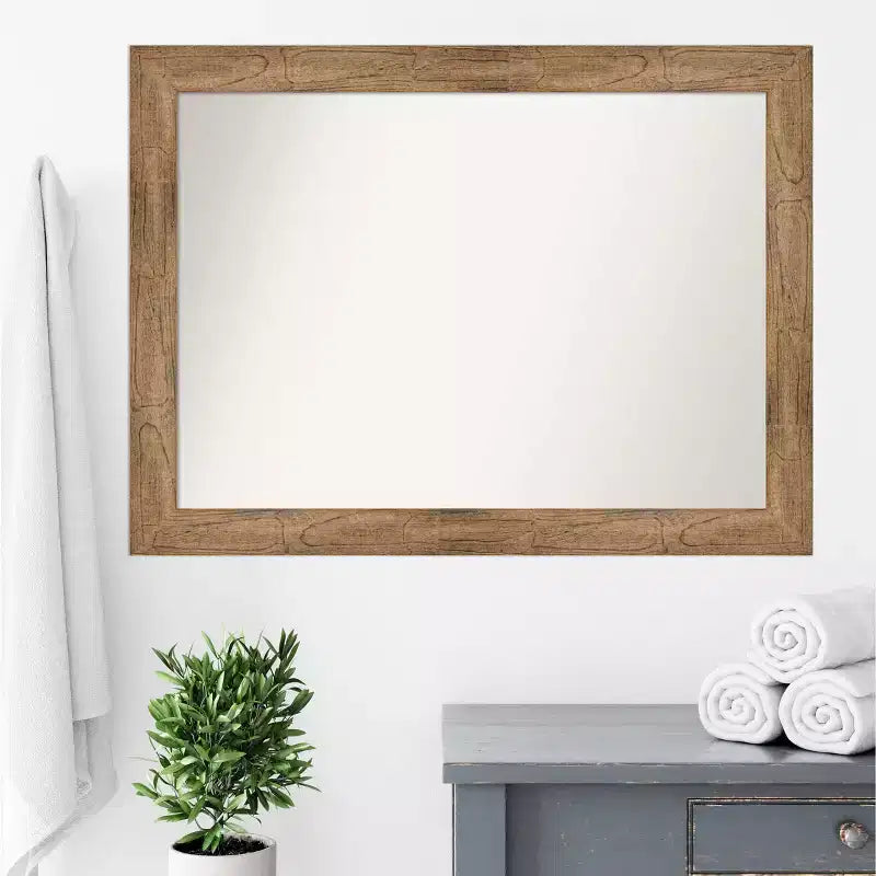 Miroir mural de salle de bain chouette 44" x 33" sans biseau marron - Amanti Art : Rectangle moderne, fixation murale, cadre en bois