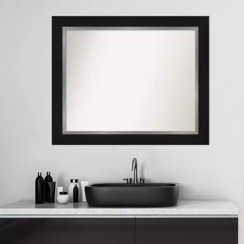 Miroir mural de salle de bain Eva 34" x 28" sans biseau noir - Amanti Art : Rectangle moderne, fixation murale, cadre en polystyrène