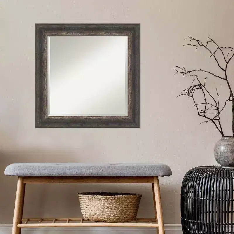 Miroir mural encadré rustique écorce Char 63,5 cm x 63,5 cm marron – Amanti Art : Verre biseauté, cadre en polystyrène, aucun assemblage requis