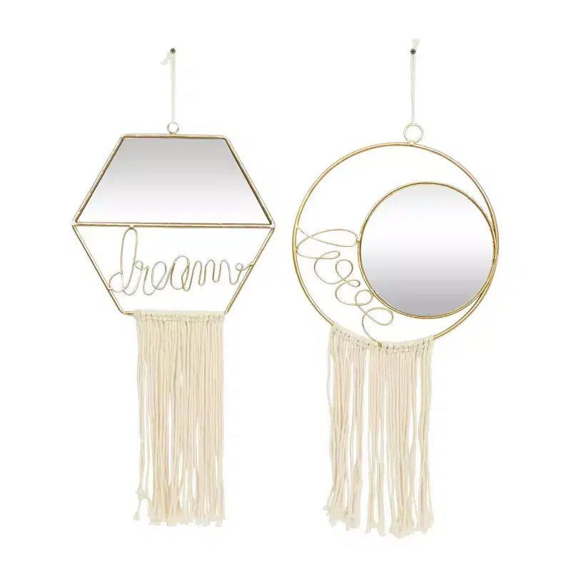 Olivia & May Metal Handmade Dream Love Room Wall Mirror with Fringe Tassels Set of 2 Gold