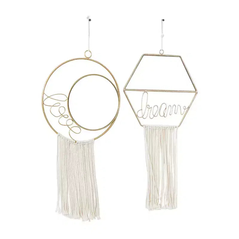 Olivia & May Metal Handmade Dream Love Room Wall Mirror with Fringe Tassels Set of 2 Gold
