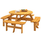 8-Person Outdoor Patio Fir Wood Round Picnic Dining Set with 4 Built-in Benches and Umbrella Hole