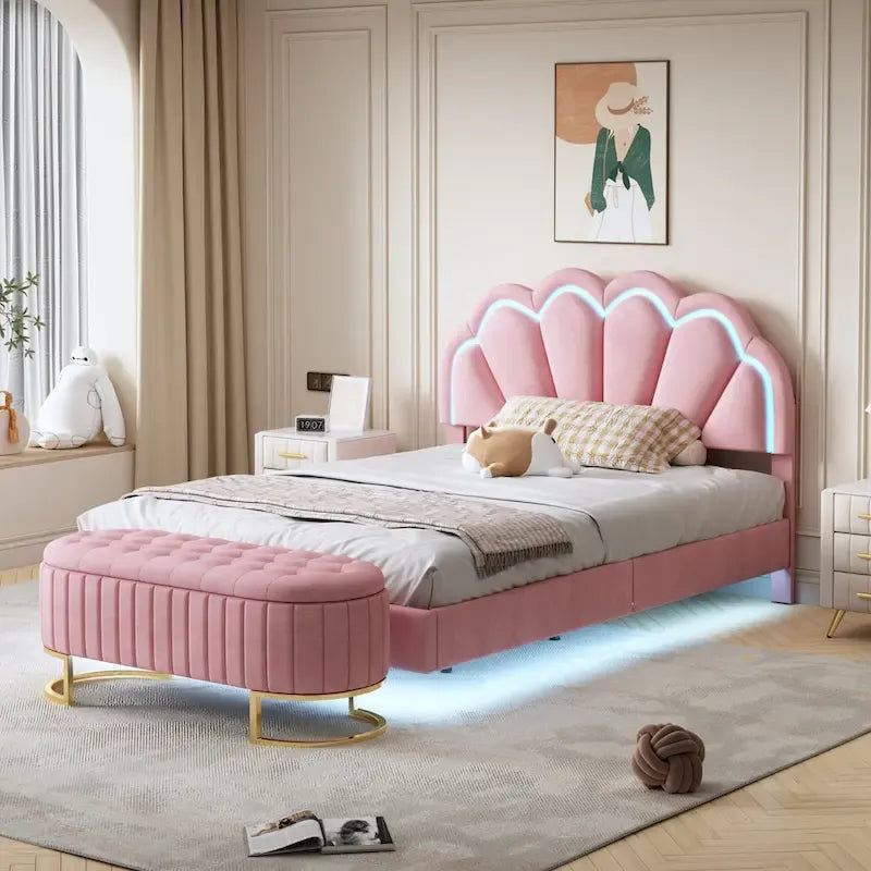 2-Pieces Bedroom Sets Full LED Platform Bed with Storage Ottoman