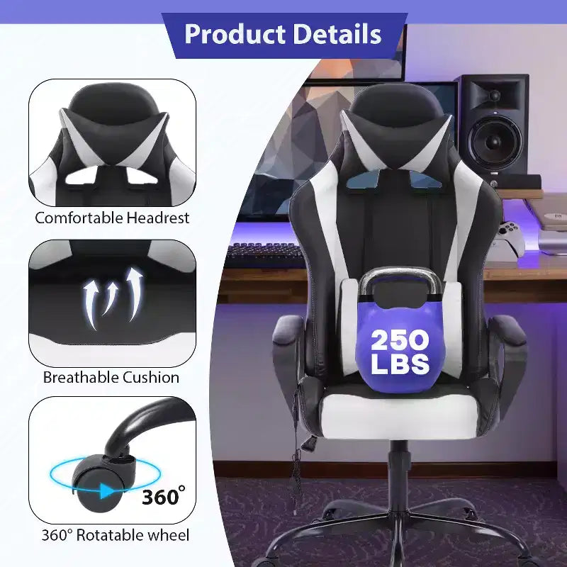Chaise de jeu FDW Gaming Chaise de bureau massante confortable et élégante avec soutien lombaire réglable, pivotante à 360 degrés et roulettes silencieuses
