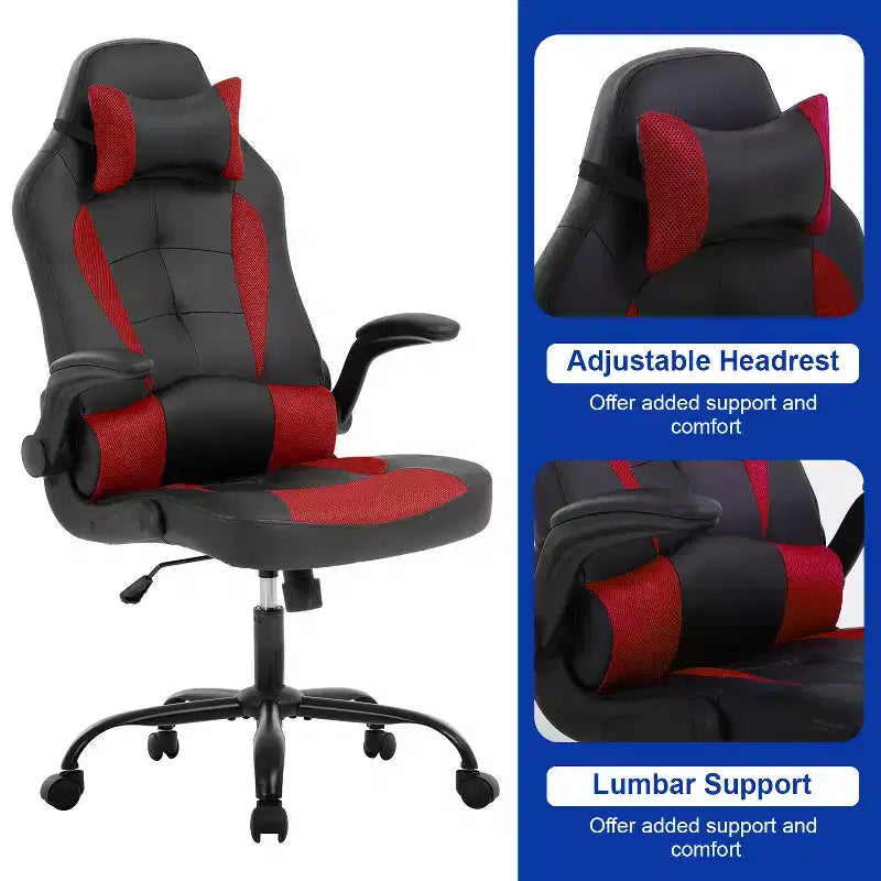 BestMassage Gaming Chair Office Chair Computer Desk Chair with Lumbar Support and Adjustable Headrest and PU Leather Gamer Chair for Adults