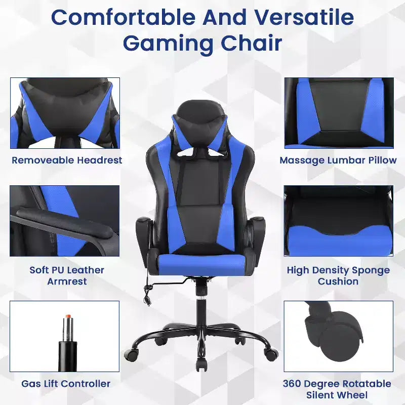 Chaise de bureau BestMassage Gaming Chair à dossier haut avec support lombaire, fonction massage et roulettes en cuir PU pour adultes et adolescents