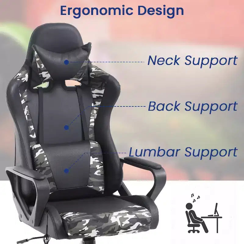 Chaise de bureau BestMassage Gaming Chair à dossier haut avec support lombaire, fonction massage et roulettes en cuir PU pour adultes et adolescents