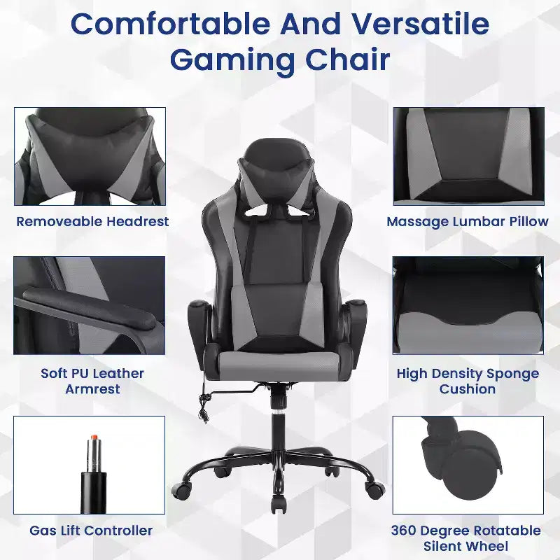 Chaise de bureau BestMassage Gaming Chair à dossier haut avec support lombaire, fonction massage et roulettes en cuir PU pour adultes et adolescents