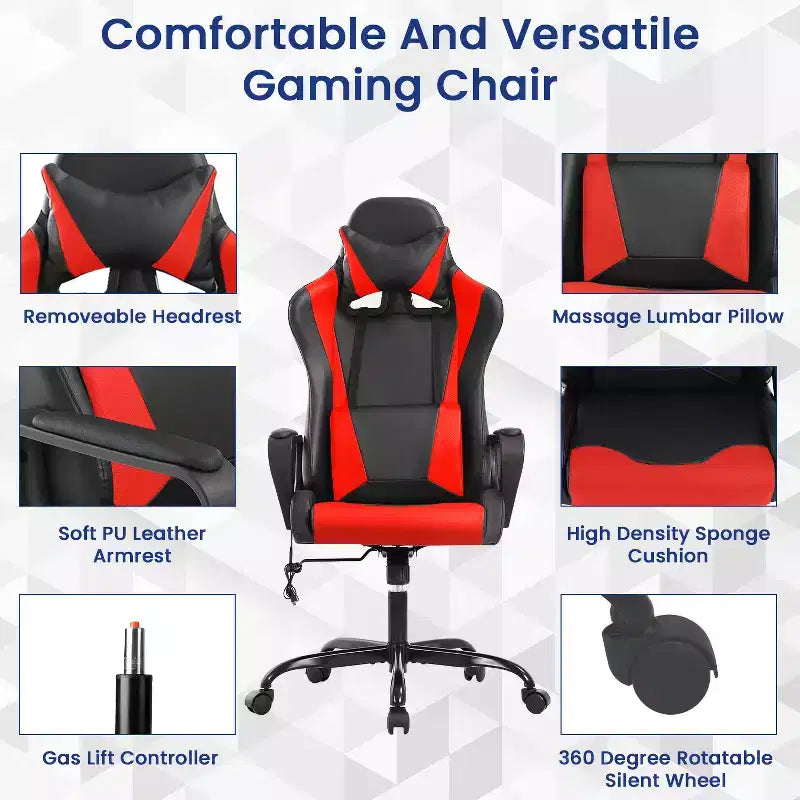 Chaise de bureau BestMassage Gaming Chair à dossier haut avec support lombaire, fonction massage et roulettes en cuir PU pour adultes et adolescents