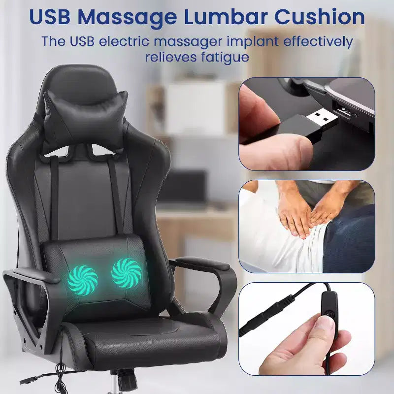 Chaise de bureau BestMassage Gaming Chair à dossier haut avec support lombaire, fonction massage et roulettes en cuir PU pour adultes et adolescents