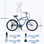 Vélo Cruiser 26 Pouces, 7 Vitesses Couleurs Multiples Vélo de Plage Homme Femme avec Freins V Avant et Arrière