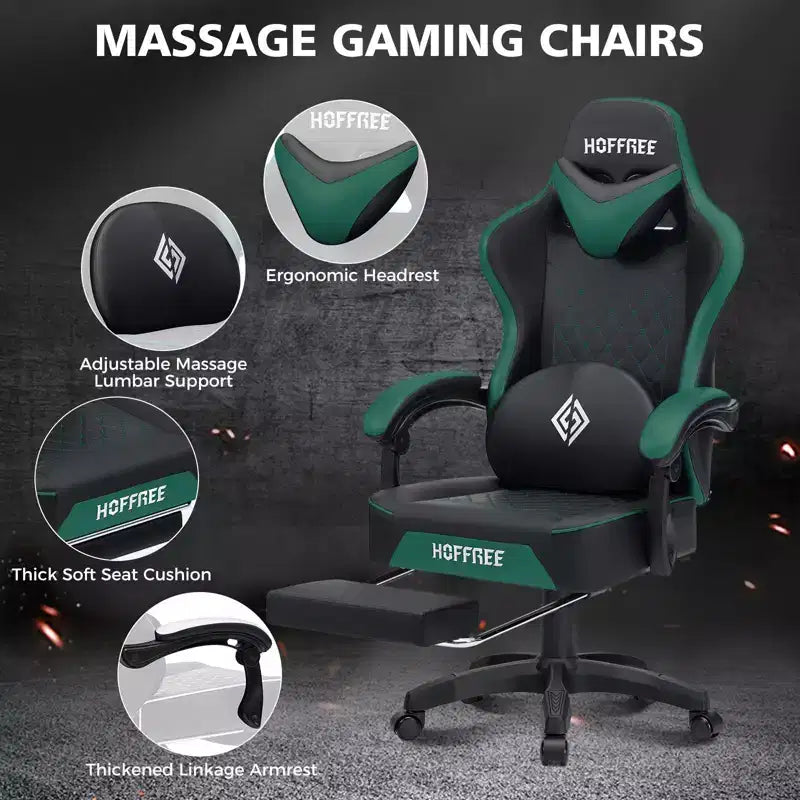Fauteuil de jeu de massage en cuir Hoffree, chaise de bureau ergonomique pour PC avec repose-pieds et réglable