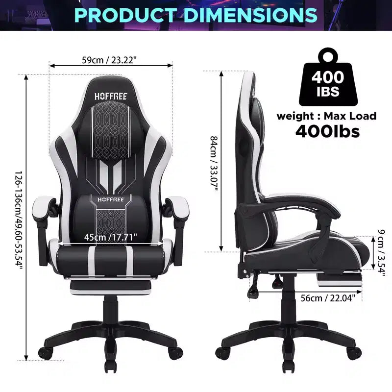 Chaise de jeu massante extra large Hoffree, chaise de bureau PC ergonomique avec haut-parleur Bluetooth et lumière RVB