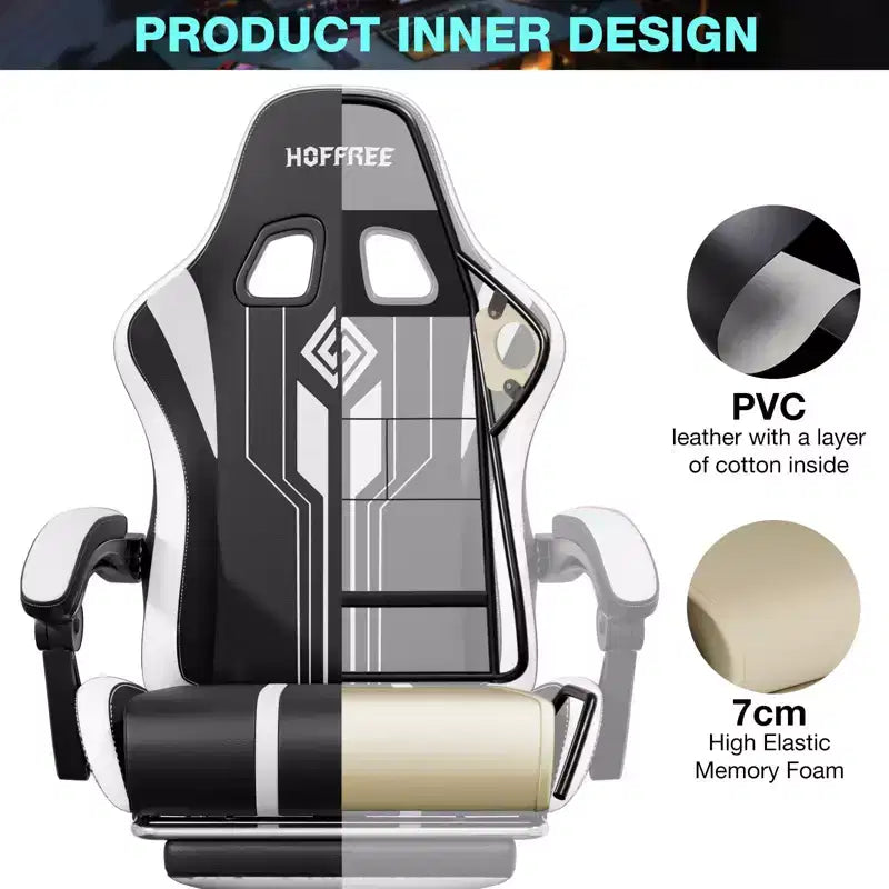 Chaise de jeu massante extra large Hoffree, chaise de bureau PC ergonomique avec haut-parleur Bluetooth et lumière RVB