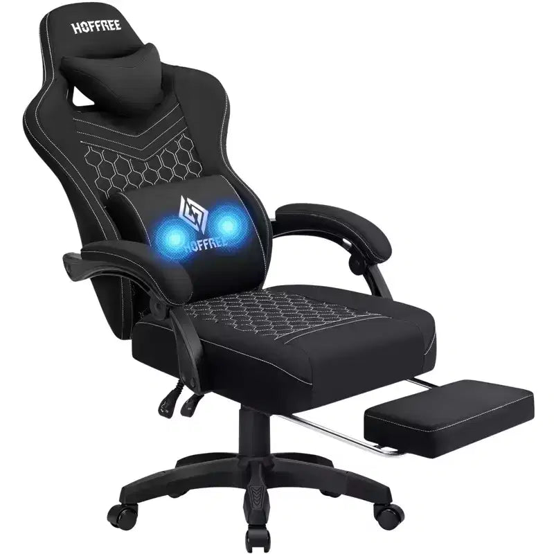 Hoffree Breathable Fabric Massage Gaming Chair Ergonomic Office PC Chair with Footrest & Adjustable