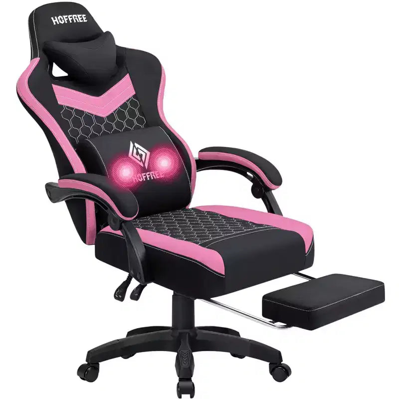 Hoffree Breathable Fabric Massage Gaming Chair Ergonomic Office PC Chair with Footrest & Adjustable