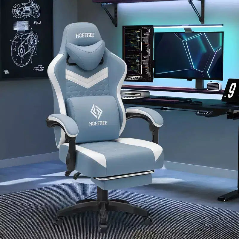 Hoffree Breathable Fabric Massage Gaming Chair Ergonomic Office PC Chair with Bluetooth Speaker & Footrest
