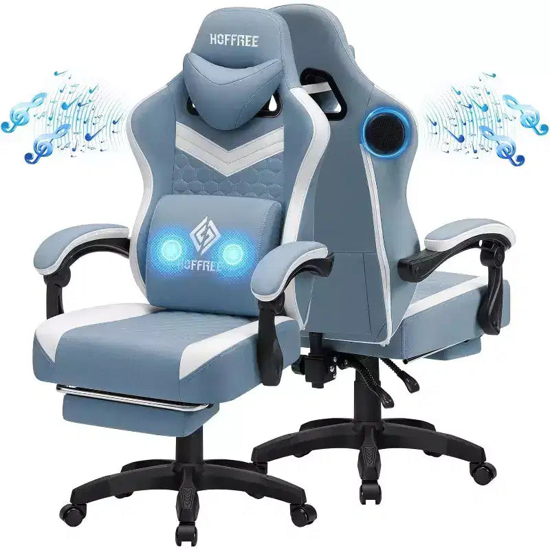Hoffree Breathable Fabric Massage Gaming Chair Ergonomic Office PC Chair with Bluetooth Speaker & Footrest