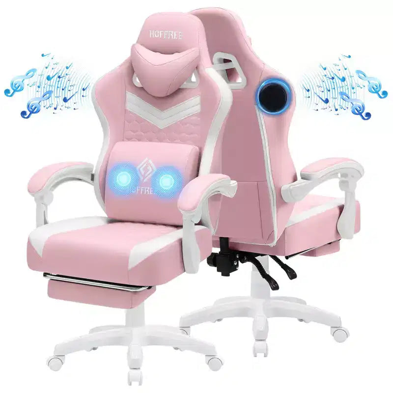 Hoffree Breathable Fabric Massage Gaming Chair Ergonomic Office PC Chair with Bluetooth Speaker & Footrest
