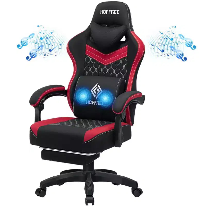 Hoffree Breathable Fabric Massage Gaming Chair Ergonomic Office PC Chair with Bluetooth Speaker & Footrest