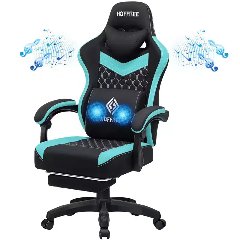 Hoffree Breathable Fabric Massage Gaming Chair Ergonomic Office PC Chair with Bluetooth Speaker & Footrest