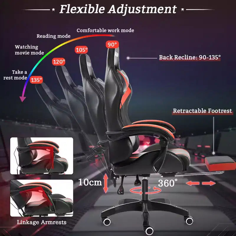 Hoffree Comfort Massage Racing Gaming Chair Ergonomic Office PC Chair with Footrest & RGB Light