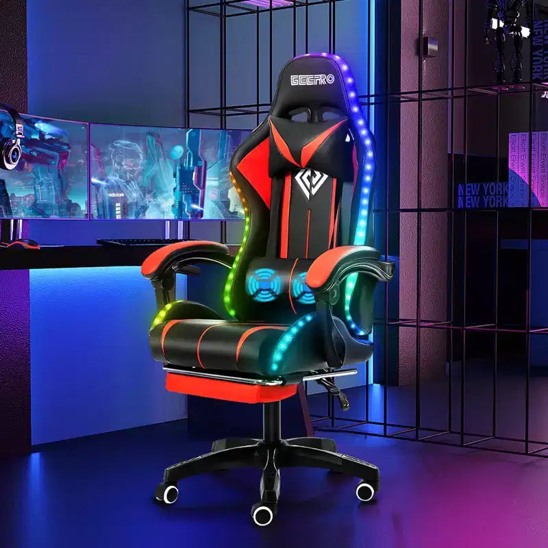 Hoffree Comfort Massage Racing Gaming Chair Ergonomic Office PC Chair with Footrest & RGB Light