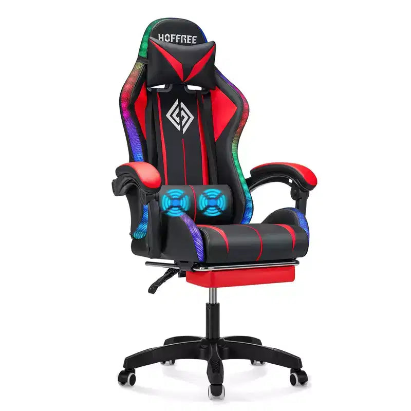 Hoffree Comfort Massage Racing Gaming Chair Ergonomic Office PC Chair with Footrest & RGB Light