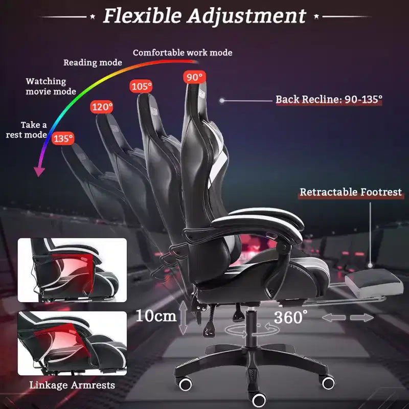 Hoffree Comfort Massage Racing Gaming Chair Ergonomic Office PC Chair with Footrest & RGB Light