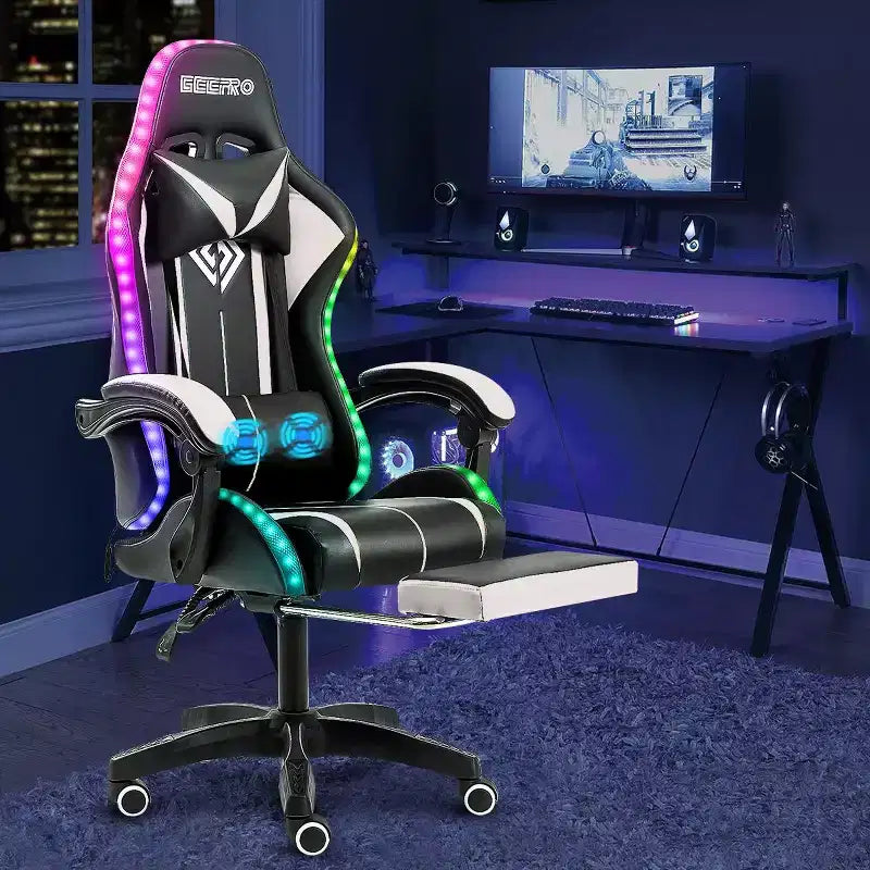 Hoffree Comfort Massage Racing Gaming Chair Ergonomic Office PC Chair with Footrest & RGB Light