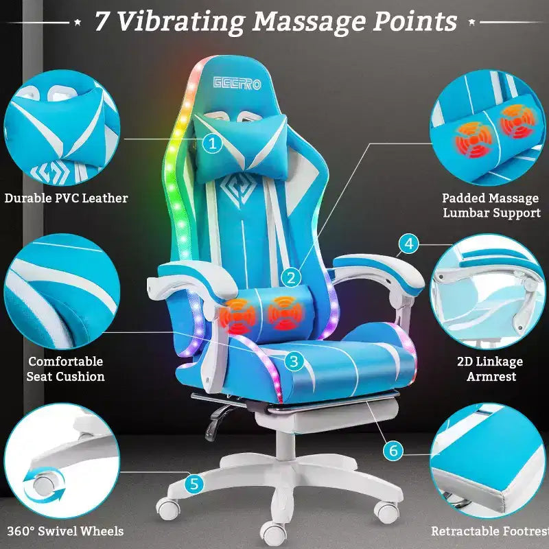 Hoffree Comfort Massage Racing Gaming Chair Ergonomic Office PC Chair with Footrest & RGB Light
