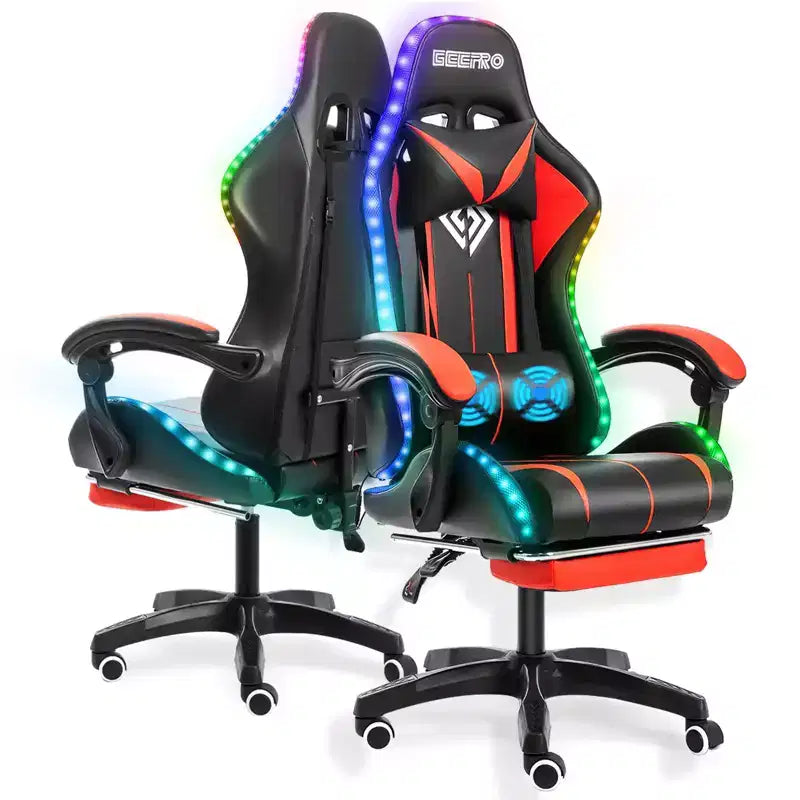 Hoffree Comfort Massage Racing Gaming Chair Ergonomic Office PC Chair with Footrest & RGB Light