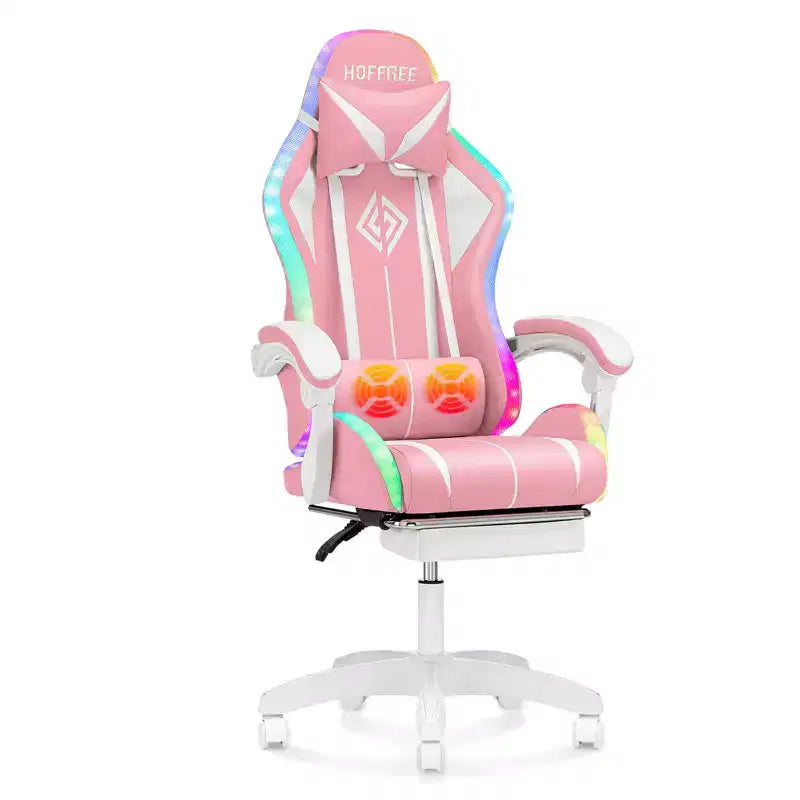 Hoffree Comfort Massage Racing Gaming Chair Ergonomic Office PC Chair with Footrest & RGB Light