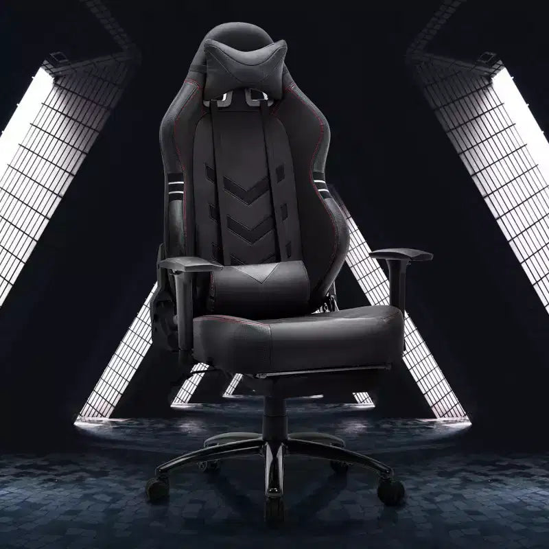 Chaise de jeu en cuir PU anti-transpiration avec accoudoirs fixes, support lombaire ergonomique et double accoudoir et repose-pieds
