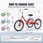 Tricycle pliant adulte VEVOR, Tricycle pliant adulte de 24 pouces, Vélo cruiser à 3 roues en acier au carbone avec grand panier et selle réglable