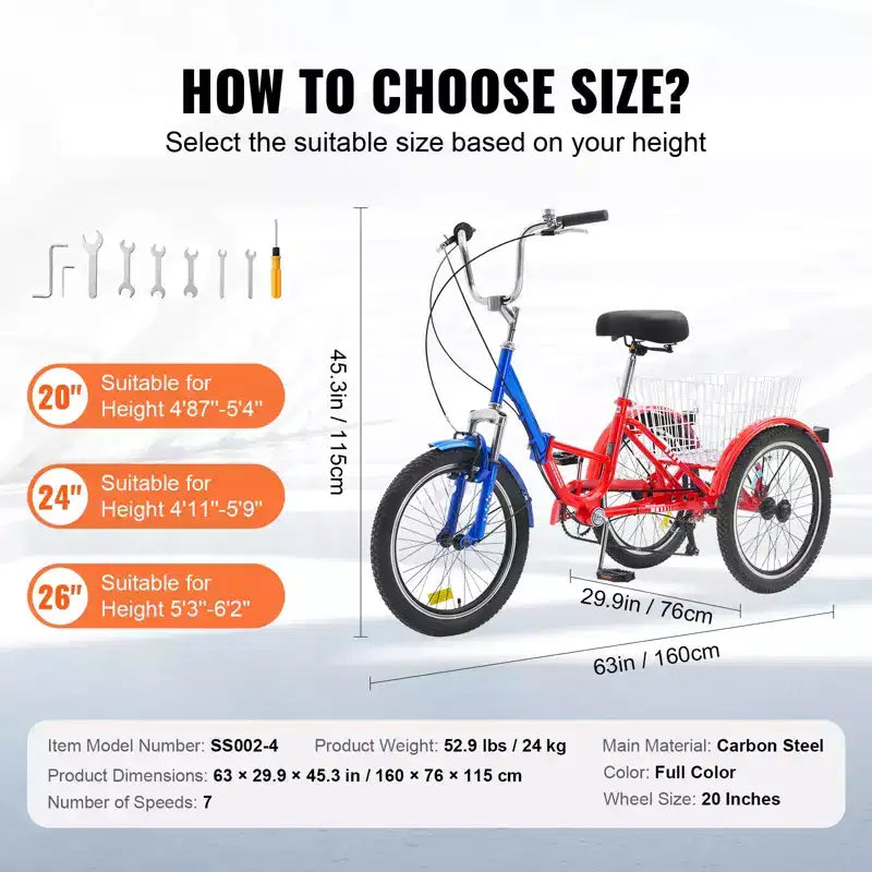 VEVOR Tricycle pliant adulte, 20 pouces 7 vitesses, en acier au carbone, vélo cruiser à 3 roues avec grand panier et siège réglable