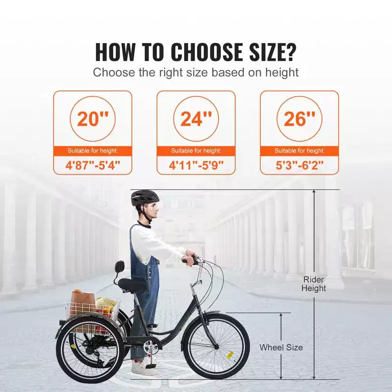 VEVOR Adult Tricycles Bike, 7 Speed Adult Trikes, 24 Inch Three-Wheeled Bicycles, Carbon Steel Cruiser Bike with Basket and Adjustable Seat